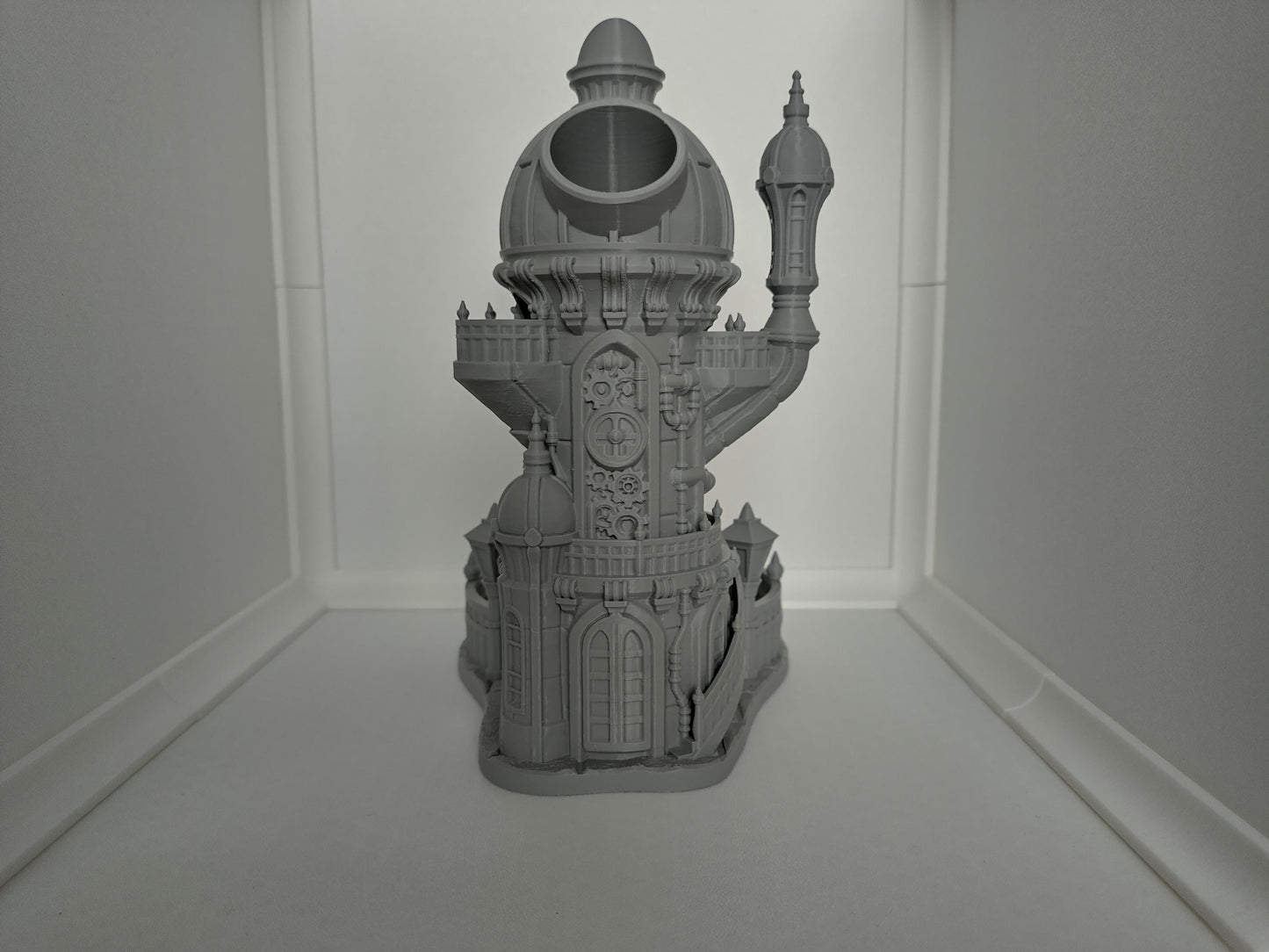 Mechanist's spire dice tower | Steampunk themed compact dice tower for TTRPGs like D&D | 3d printed accessory for tabletop games