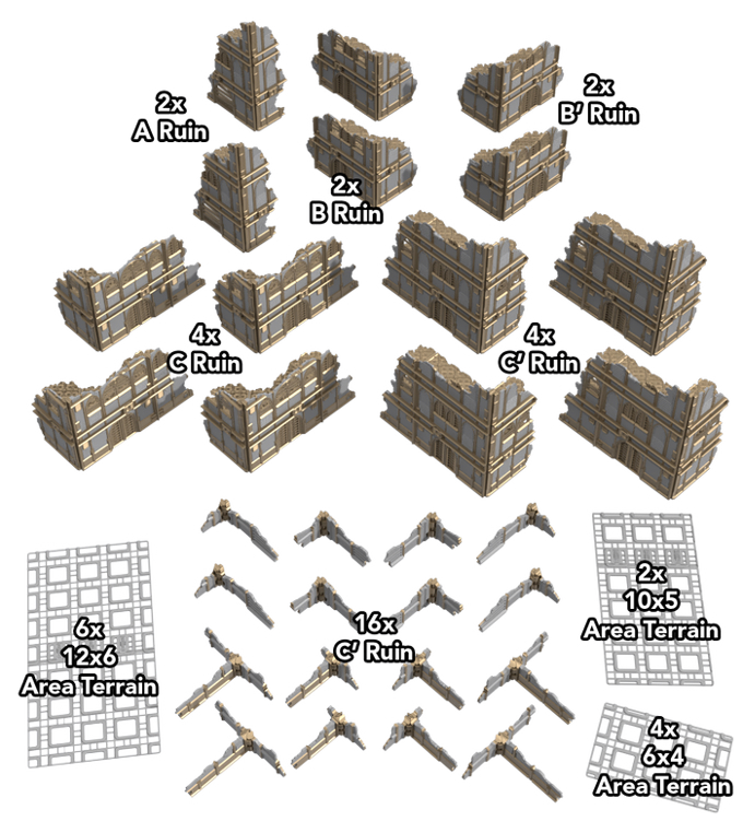 Collection of game terrain pieces including ruins and area terrain on a clear background