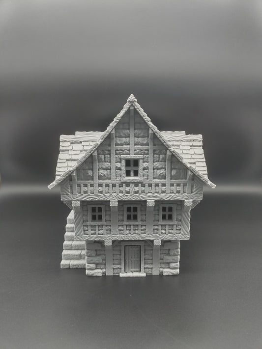 Large medieval house terrain 28mm - front view with external stone stairs