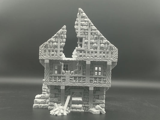 Ruined medieval house 28mm tabletop terrain | Modular 3-level wargaming scenery | house 5 of the ruined village collection